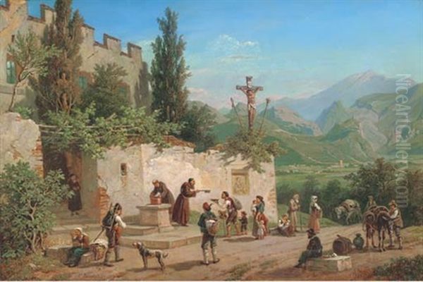 Charity At An Italian Monastery Oil Painting by Franz Reinhold