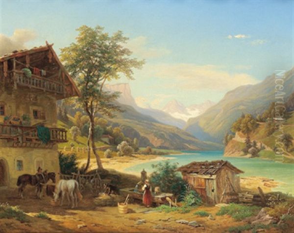 Landliche Idylle Am Gosausee (?) Oil Painting by Franz Reinhold