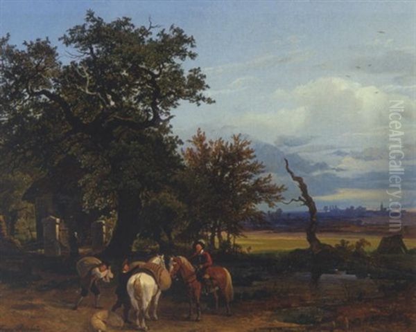 Landschaft Mit Reiter Und Knechten, Die Ein Pferd Bepacken Oil Painting by Franz Reinhold