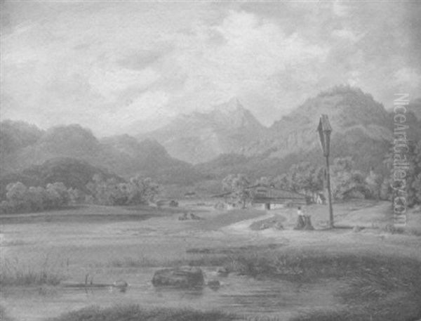 Gebirgslandschaft Mit Almhutte Oil Painting by Franz Reinhold