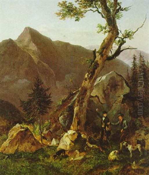 Jager, Von Hunden Begleitet, Im Hochgebirge Oil Painting by Franz Reinhold