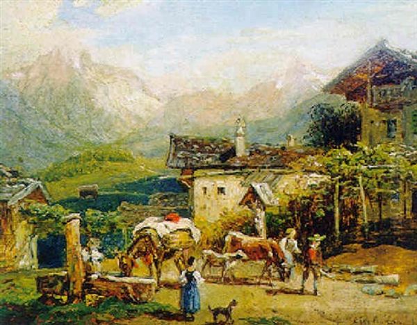 Sommertag In Tiroler Dorf Mit Gebirgshintergrund Oil Painting by Franz Reinhold