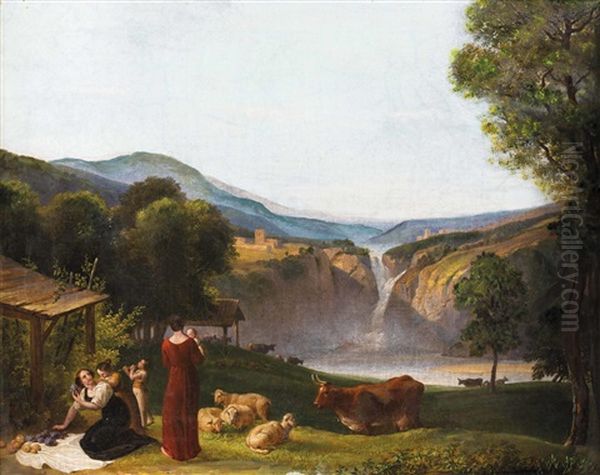 Zwei Mutter Mit Kindern Vor Heroischer Landschaft Mit Wasserfall Oil Painting by Friedrich Philip Reinhold