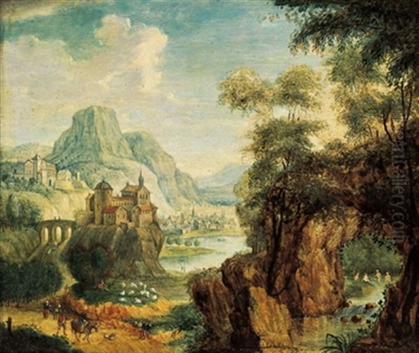 Gebirgige Flusslandschaft Mit Einer Burg Und Figuren Oil Painting by Friedrich Philip Reinhold