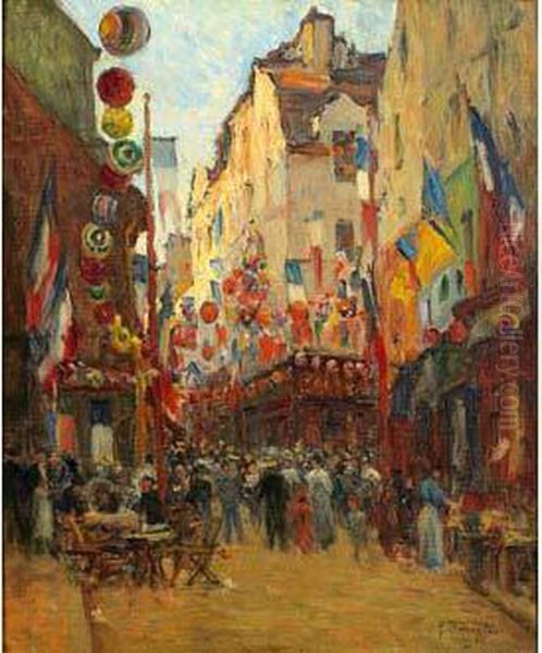 Paris, Rue Mouffetard, Le 14 Juillet Oil Painting by Germain Bonneton