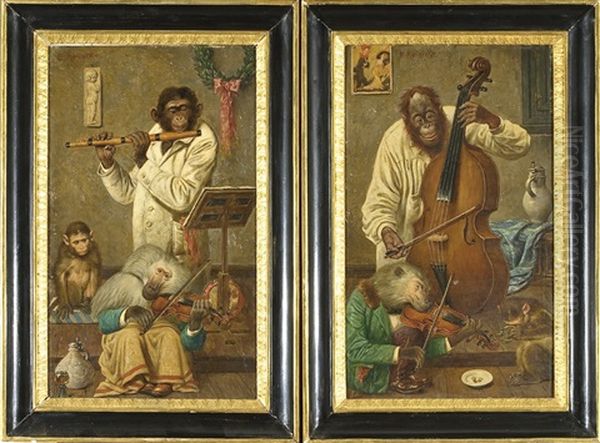 Scimmie Musiciste (coppia) Oil Painting by Emil Reinicke