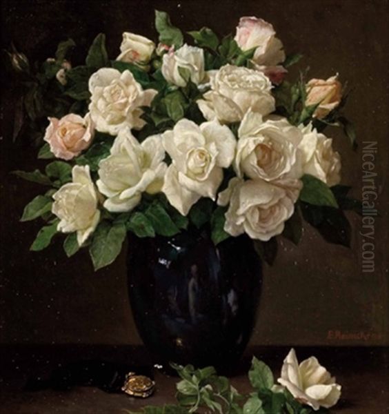 Stillleben Mit Weisen Rosen Und Blauer Vase Oil Painting by Emil Reinicke