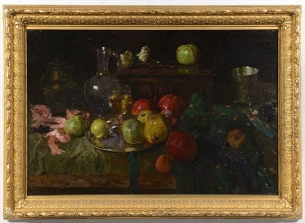 Still Life With Wine And Apples Oil Painting by Rene Reinicke