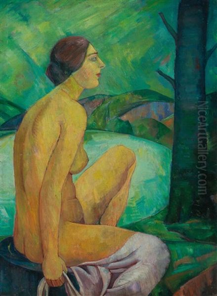 Sitting Female Nude In Landscape Oil Painting by Maximilian Reinitz