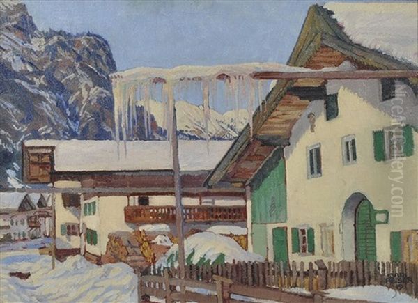 Verschneite Bauernhauser In Partenkirchen Oil Painting by Carl Reiser