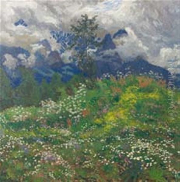 Alpine Landscape With Wild Flowers Oil Painting by Carl Reiser