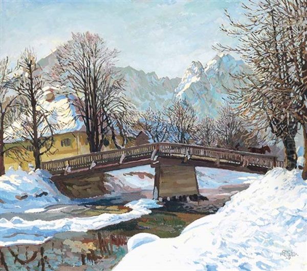 Fluss Mit Brucke Im Winter Oil Painting by Carl Reiser