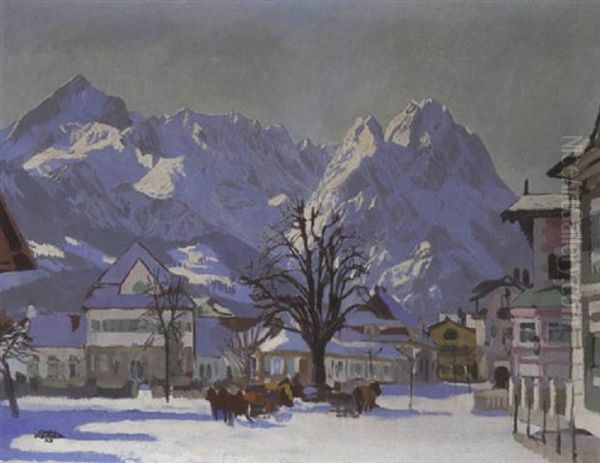 Der Marienplatz In Garmisch Im Winter Oil Painting by Carl Reiser