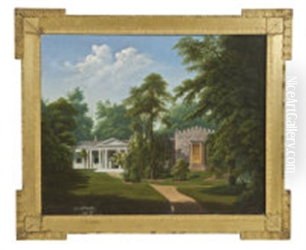 A Classical Villa In A Wooded Landscape With A Gothic Out-house Oil Painting by Martin Andreas Reisner