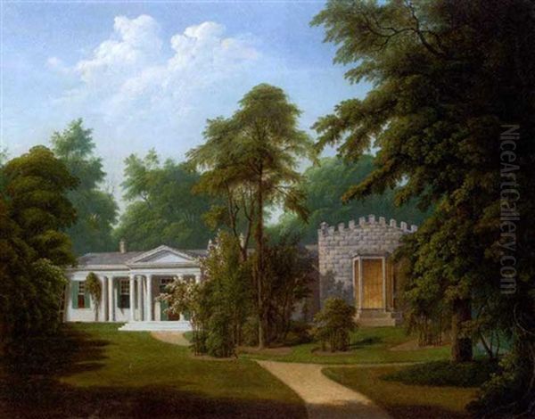 A Classical Lodge, Springtime Oil Painting by Martin Andreas Reisner