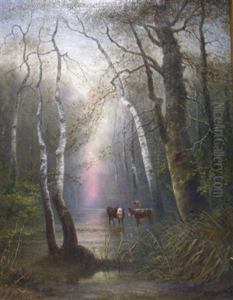 Waldlandschaft Mit Kuhen An Einem Bach Oil Painting by Fritz Reiss