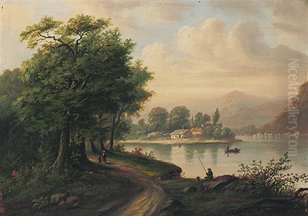 Flusslandschaft Mit Gebirgigem Hintergrund Oil Painting by Fritz Reiss