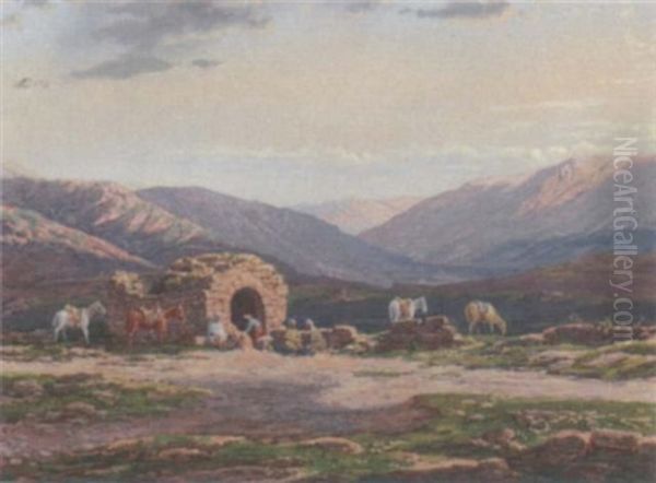 Arabs Resting Their Horses In The Foothills Oil Painting by Karoly Miksa Reissmann