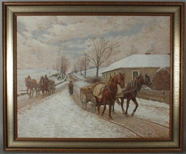 2 Pferdefuhrwerke Im Winter Oil Painting by Hermann Reisz