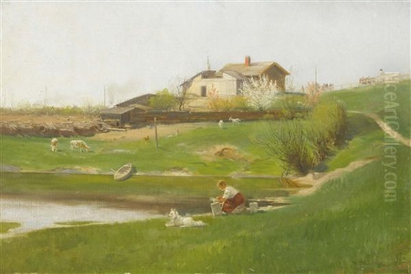 Bauernhof Mit Wascherin Am Strand Oil Painting by Hermann Reisz