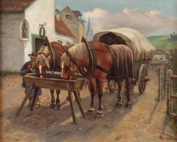 Pferdegespann Bei Der Tranke Oil Painting by Hermann Reisz