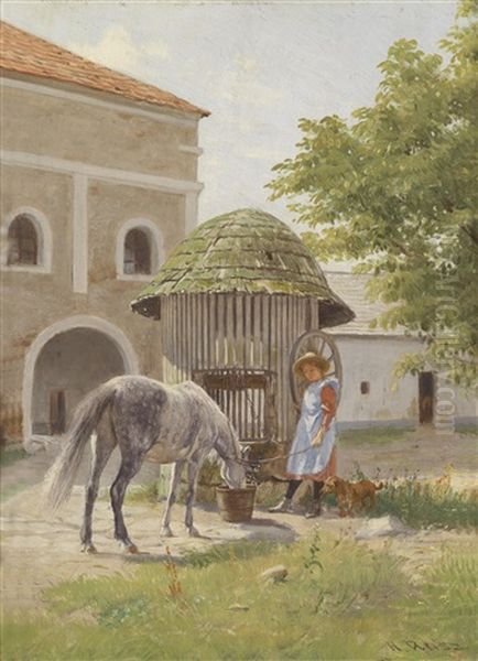 Madchen Mit Pferd Am Brunnen Oil Painting by Hermann Reisz