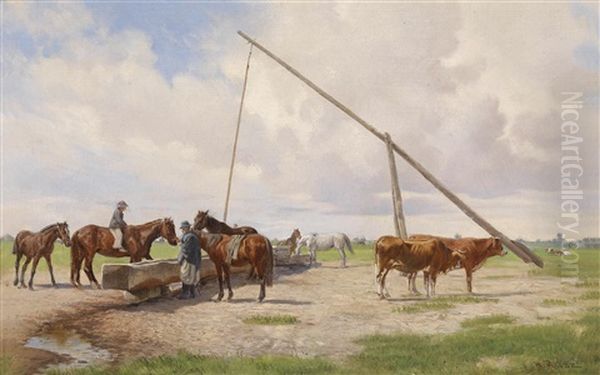 Motiv Aus Der Puszta Mit Pferden Oil Painting by Hermann Reisz