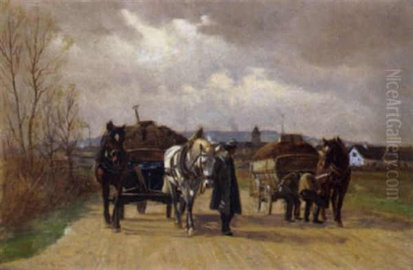 Zwei Fuhrwerke Bei Kaiserebersdorf Oil Painting by Hermann Reisz