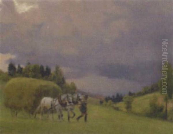 Pferdefuhrwerk Bei Aufkommendem Gewitter Oil Painting by Hermann Reisz