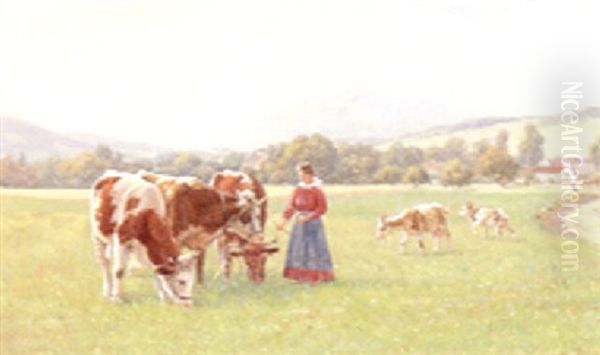 A Summer Meadow With A Cowherd And Cattle by Hermann Reisz