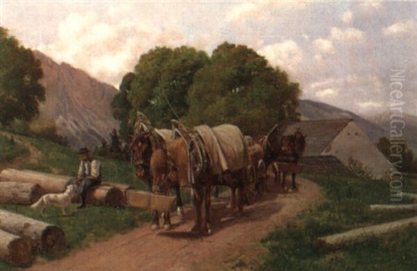 Rast Der Zugpferde Oil Painting by Hermann Reisz