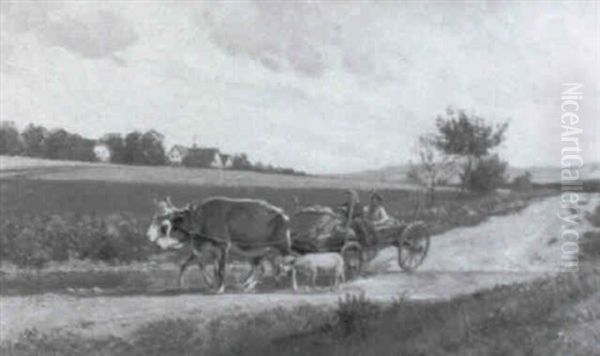 Bauerin Und Kind Mit Ochsenfuhrwerk Oil Painting by Hermann Reisz