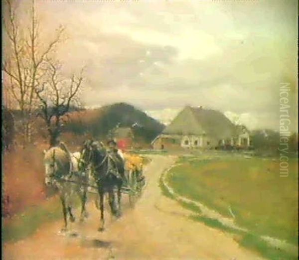 Pferdefuhrwerk Vor Einem Gehoft Oil Painting by Hermann Reisz