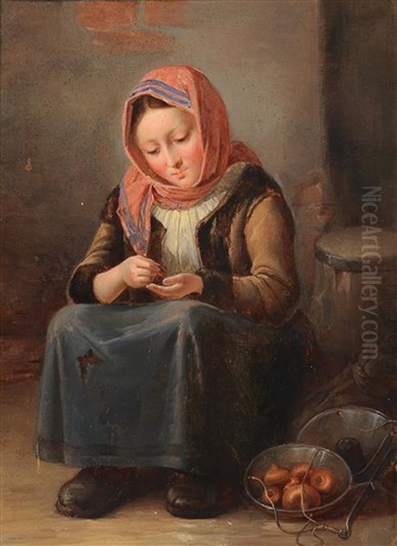 Young Onion Seller Oil Painting by Johann Baptist Reiter