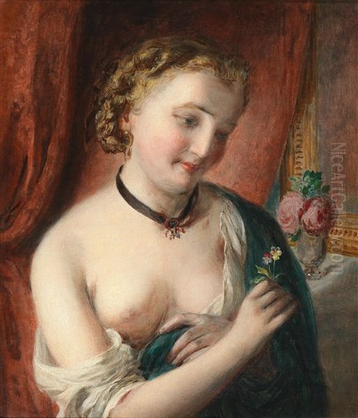 A Girl With A Black Choker, Holding Flowers Oil Painting by Johann Baptist Reiter