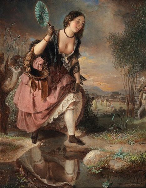 A Daring Step Oil Painting by Johann Baptist Reiter