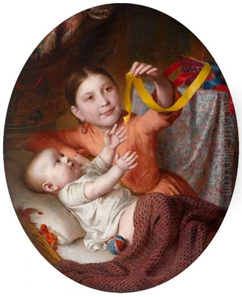 Zwei Kinder Mit Seidenbandern Spielend Oil Painting by Johann Baptist Reiter