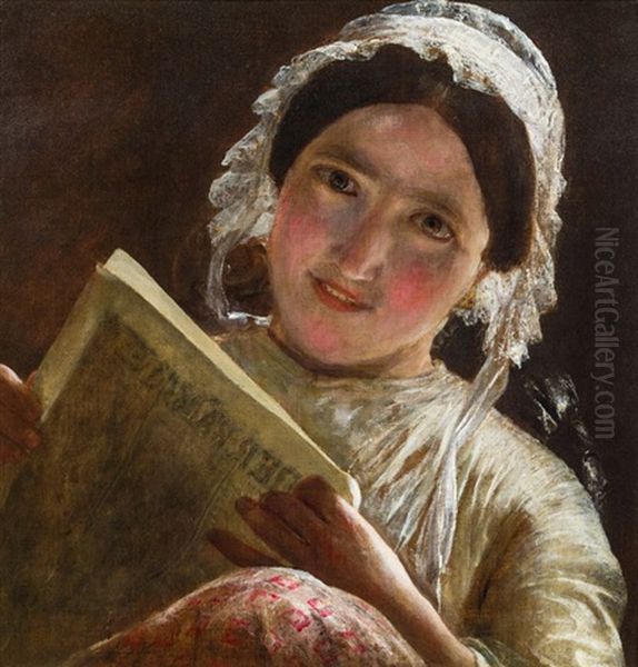 Zeitung Lesendes Madchen Oil Painting by Johann Baptist Reiter