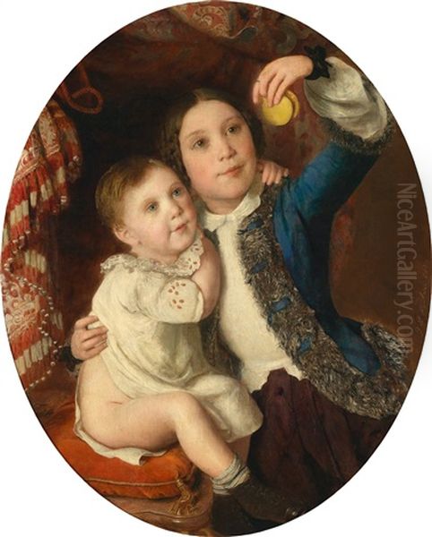 Zwei Kinder Beim Dodospiel Oil Painting by Johann Baptist Reiter