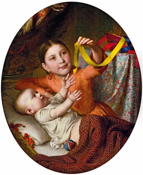 Zwei Kinder Mit Seidenbandern Spielend Oil Painting by Johann Baptist Reiter