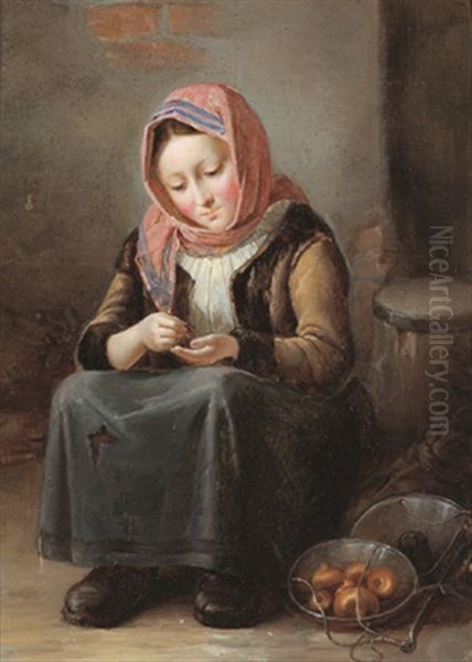 Junge Zwiebelverkauferin Oil Painting by Johann Baptist Reiter