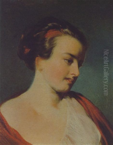 Portrait Einer Jungen Frau Mit Rotem Haarband Oil Painting by Johann Baptist Reiter