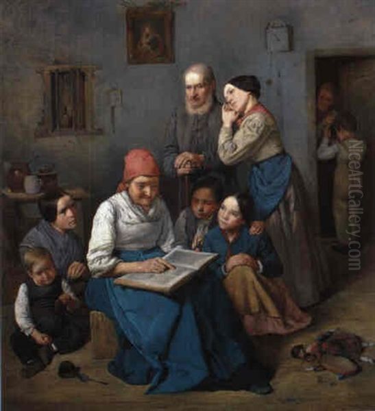 Grossmutters Geschichten Oil Painting by Johann Baptist Reiter