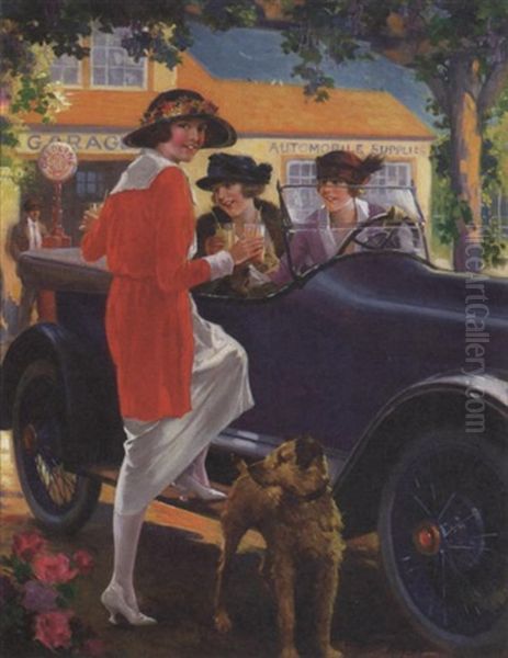 Women And Dog Pausing For Refreshing At Service Station Oil Painting by Charles M. Relyea