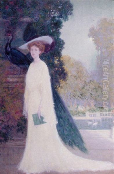 Lady With Peacock Oil Painting by Charles M. Relyea