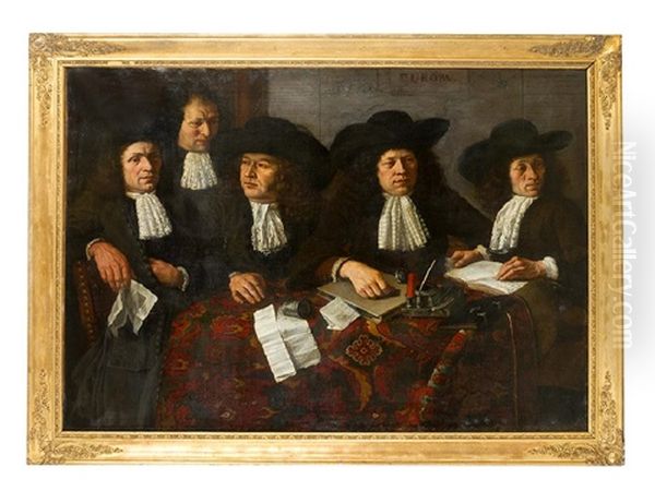 Large Group Portrait Of Five Dutch Merchands Or Members Of A Society With Books, Letters And Ink Set On A Table Covered With An Oriental Carpet In Front Of A Map Of Europe, In The Book And On The Central Letter Possibly Described Oil Painting by  Rembrandt van Rijn