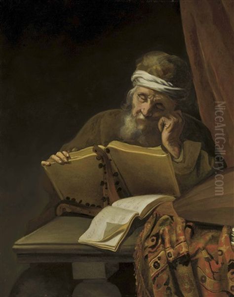 An Old Man Reading At A Table With Sheets Of Music, A Lute And An Oriental Carpet, A Curtain Behind Oil Painting by  Rembrandt van Rijn