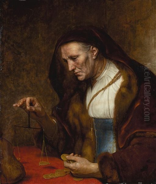 An Old Woman Weighing Gold Coins Oil Painting by  Rembrandt van Rijn