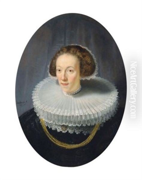 Portrait Of Petronella Buys (1610-1670), Bust-length, In A Brocaded Black Gown, Bobin Lace-trimmed Double Cartwheel Ruff And Pearled Diadem Cap Oil Painting by  Rembrandt van Rijn