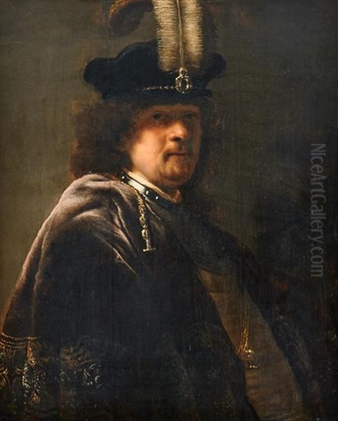 Half Length Figure Of Rembrandt In A Feathered Cap, His Eyes Cast In Shadow. Oil Painting by  Rembrandt van Rijn